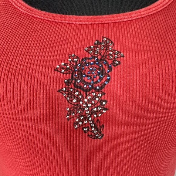 Y2K One World Red Rhinestone Tank Top L Grunge Whimsy Goth USA Cotton - Picture 6 of 10